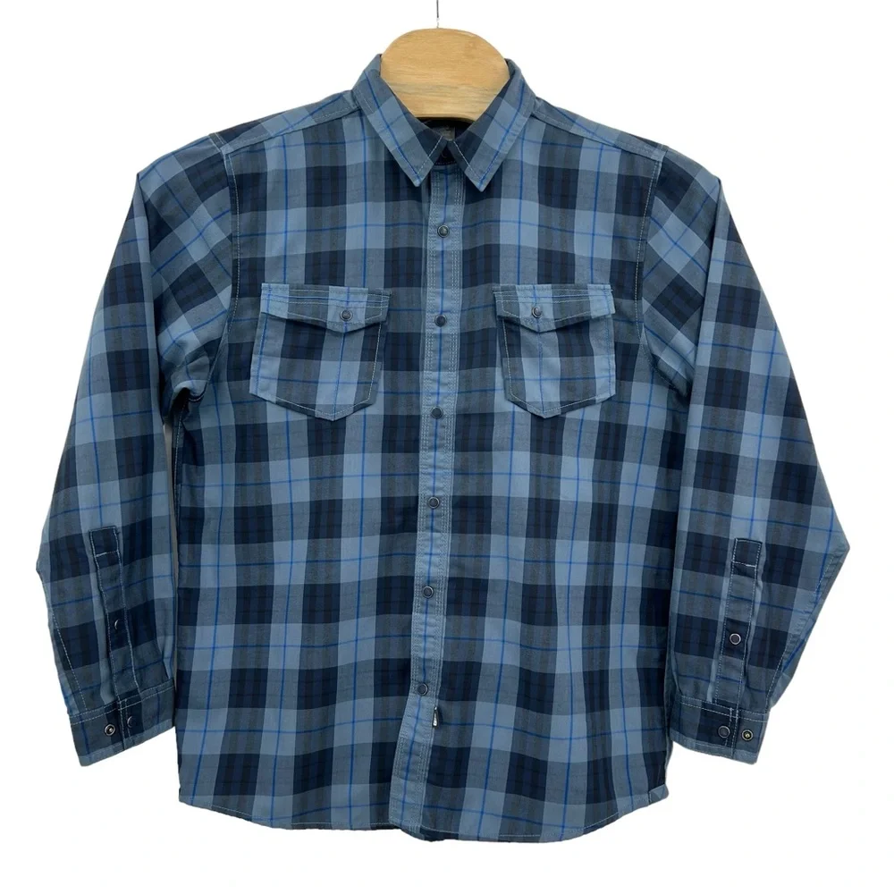 The North Face Blue Plaid Long‎ Sleeve Shirt Men size Large Snap buttons.